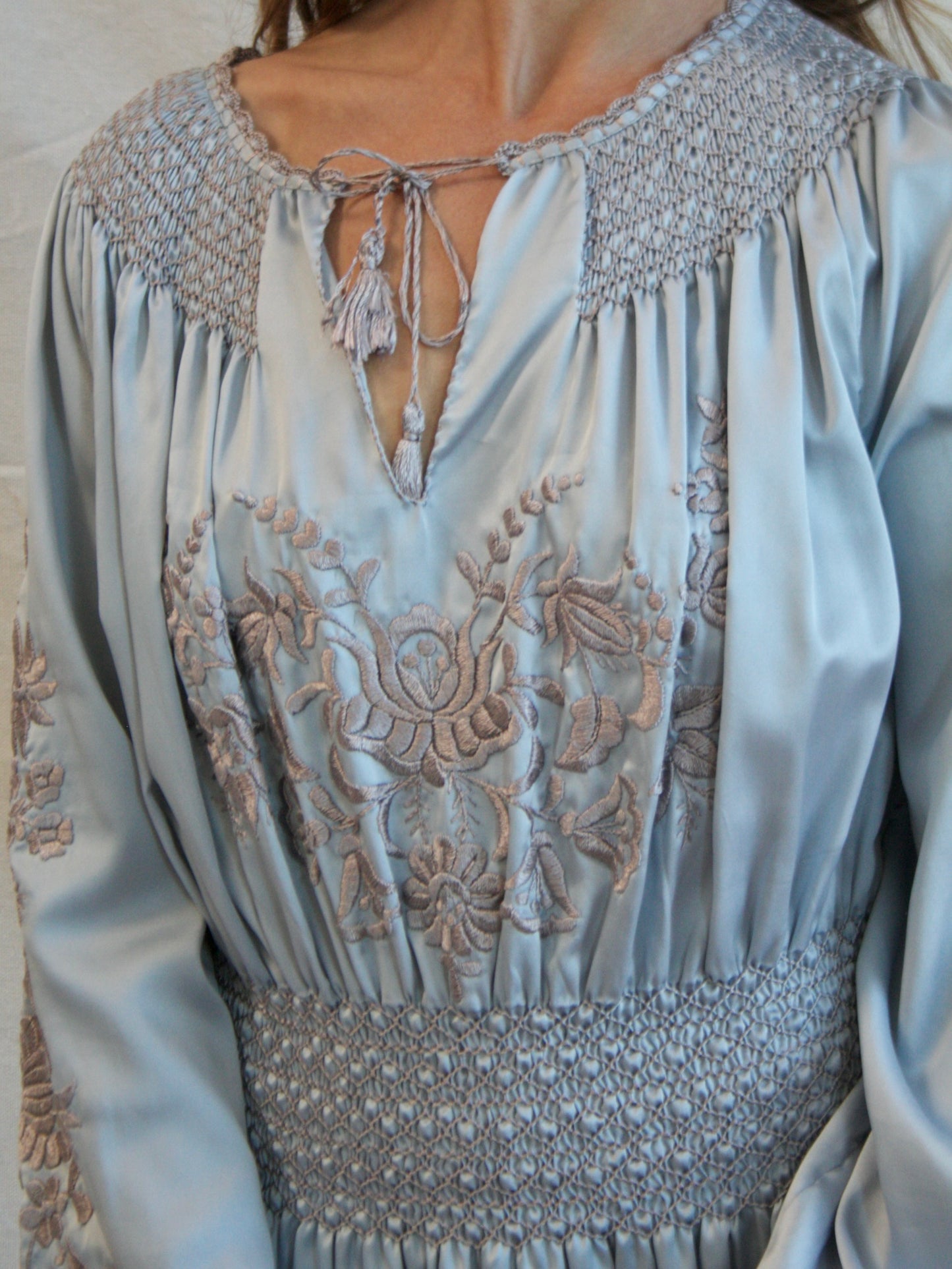 Vintage Icey Blue Silk Satin Hungarian Embroidered Peasant Dress