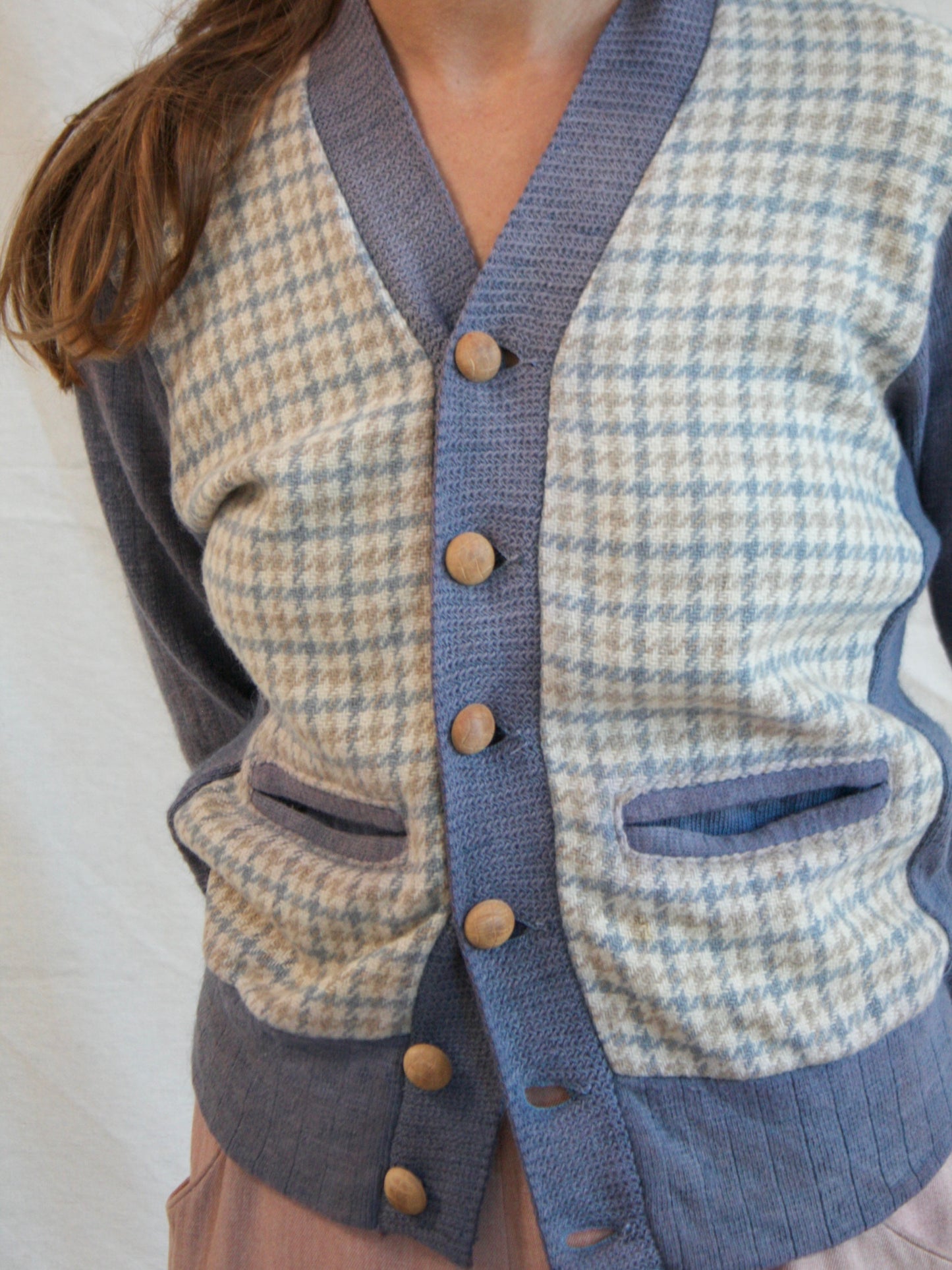 1940s 'Nu-Knit' Houndstooth Two Tone Wool Button Front Cardigan