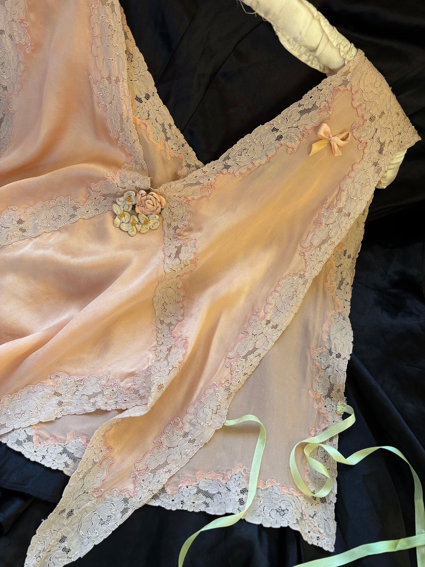 Antique Petal Pink Silk, Lace, & Ribbon-work Boudoir Side Tie Blouse