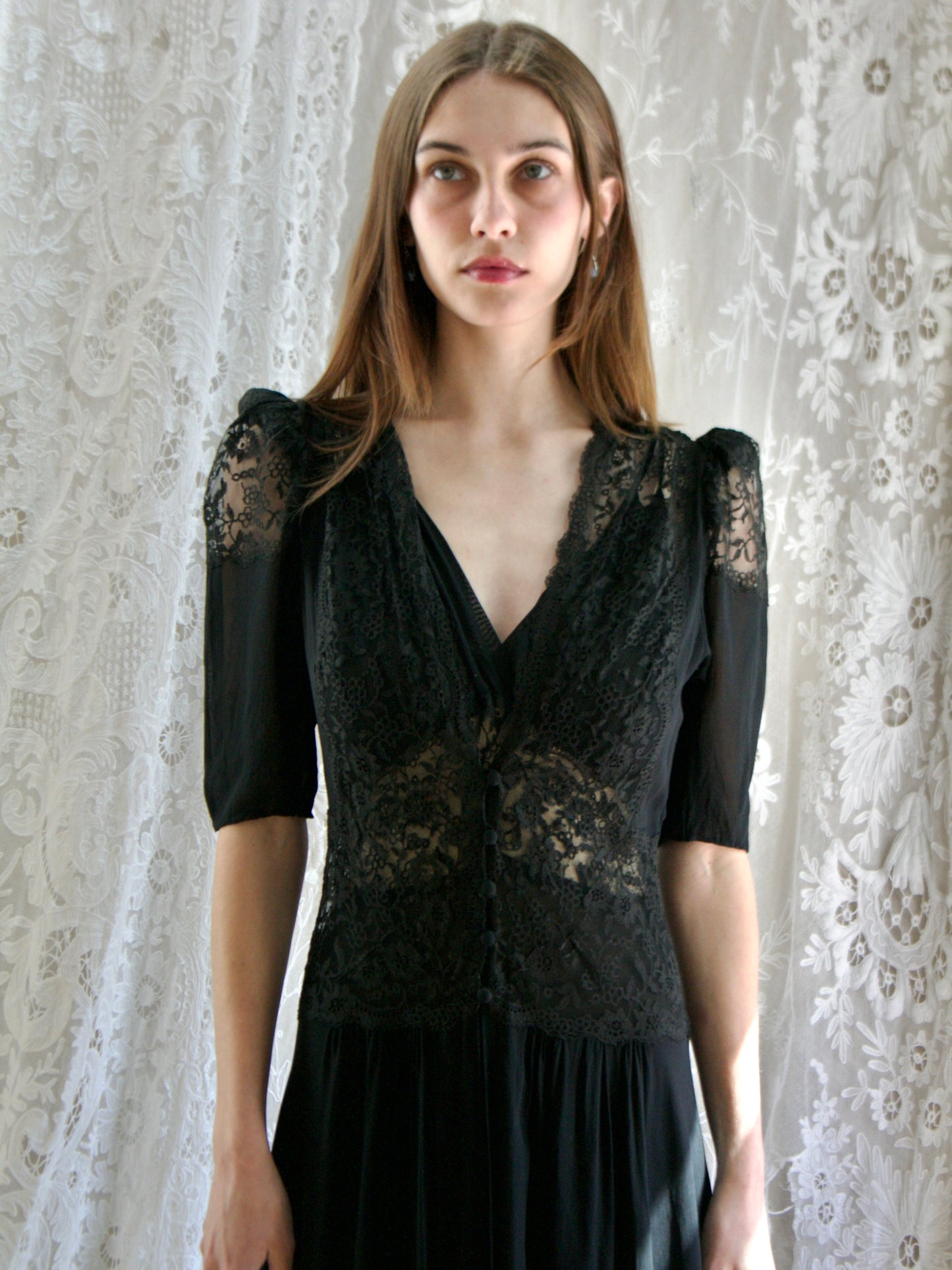 1930s Two Piece Inky Black Silk & Lace Gown/ Peignoir Set