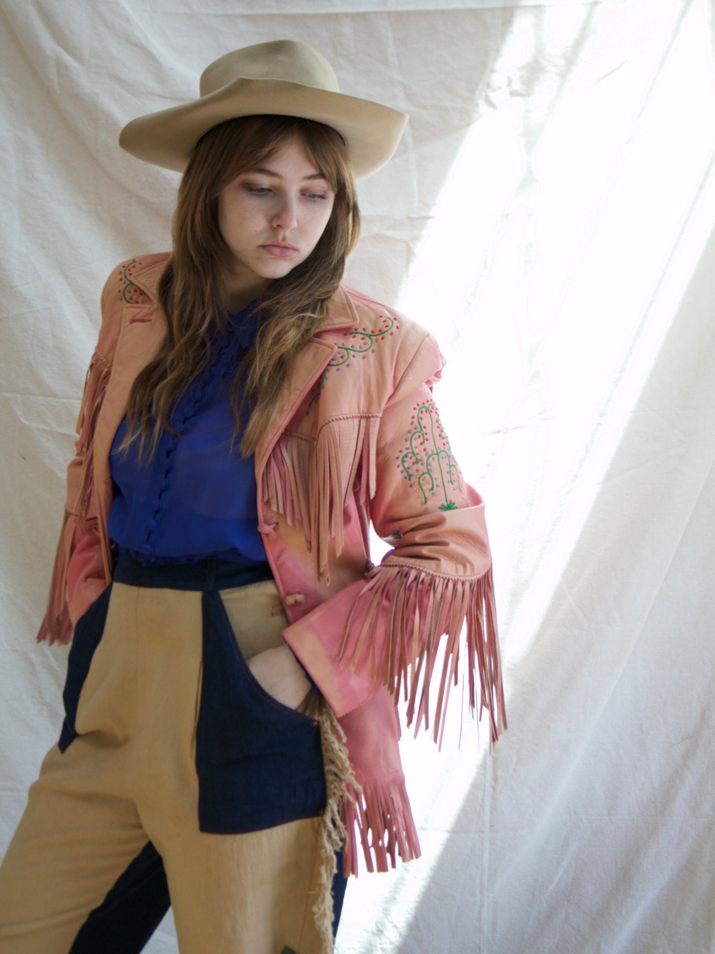 Special 1950s Sun Faded PINK Leather Fringe Western Beaded Jacket