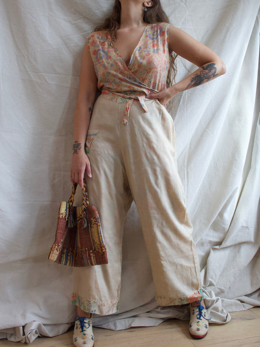 1930s Japanese Pongee Silk Border Trim Lounge Pants