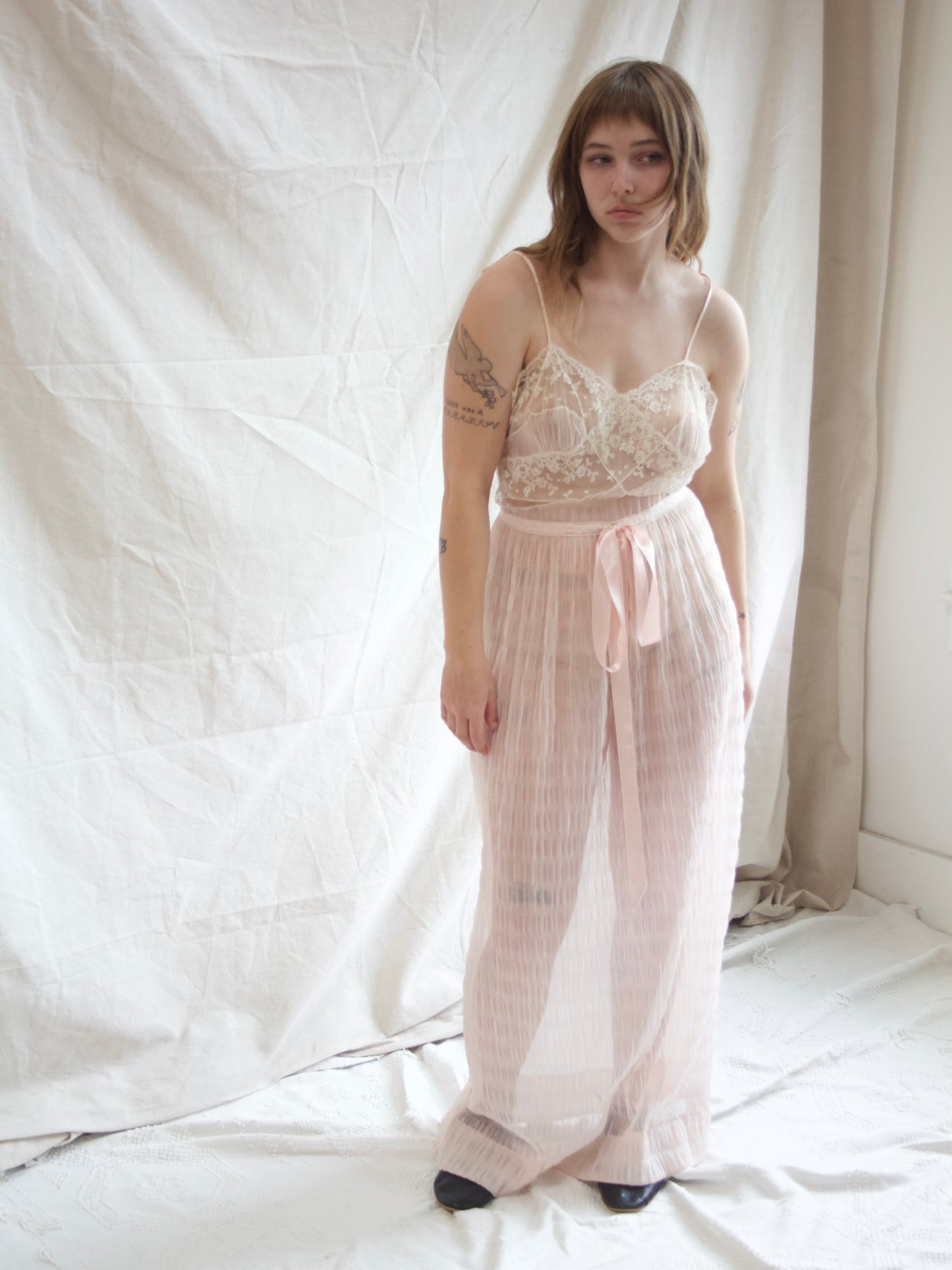 1940s I.Magnin Pale Pink Nylon & Lace Silk Satin Slip Dress