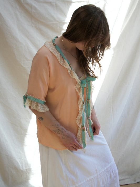 Special 1930s Silk Crepe Lace Trim Boudoir Jacket W* Rosettess/Ribbons