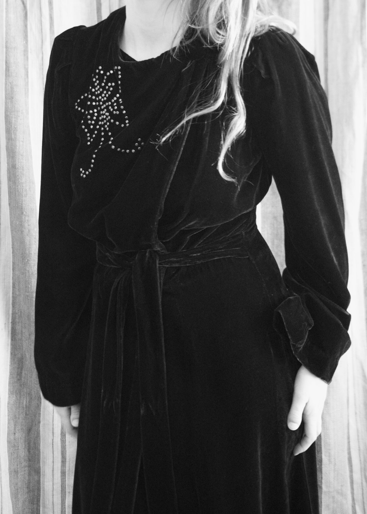 1940s Studded Merlot Velveteen Strong Shoulder Wrap Gown