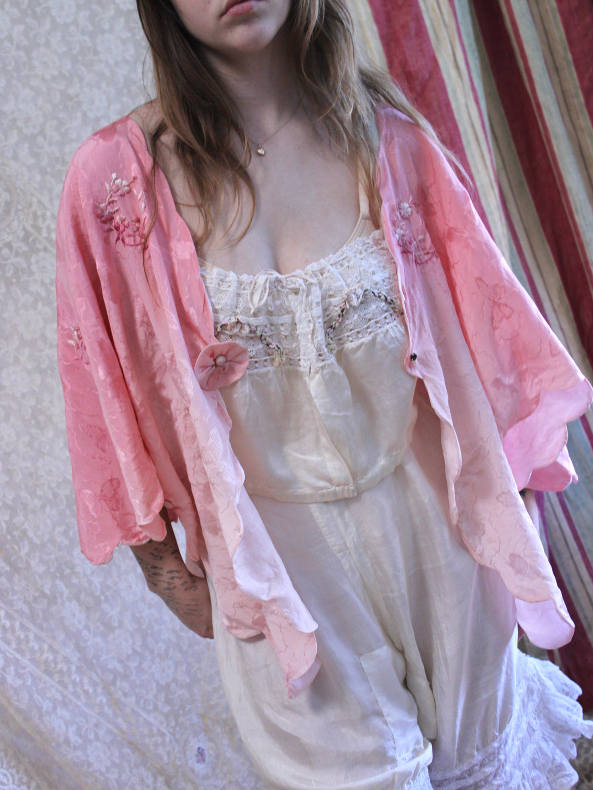 Antique 1920s Ombré Butterfly Jacquard Silk Embroidered Scalloped Lingerie Jacket