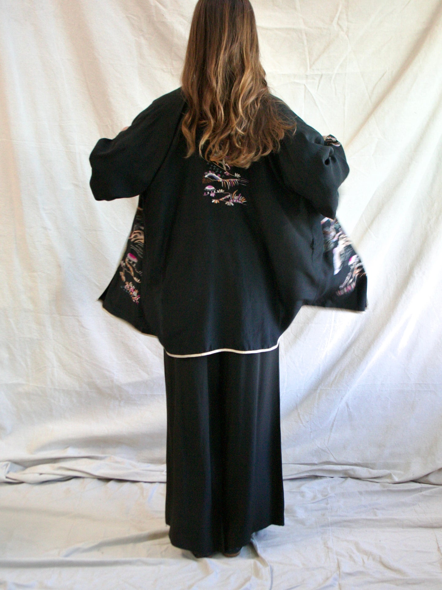 1930s Embroidered Asian Silk Bell Sleeve Robe
