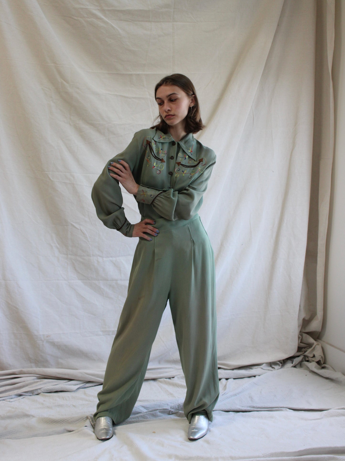 1940s Faded Green Gabardine Western Chain-stitched 2 PC Sportswear Set
