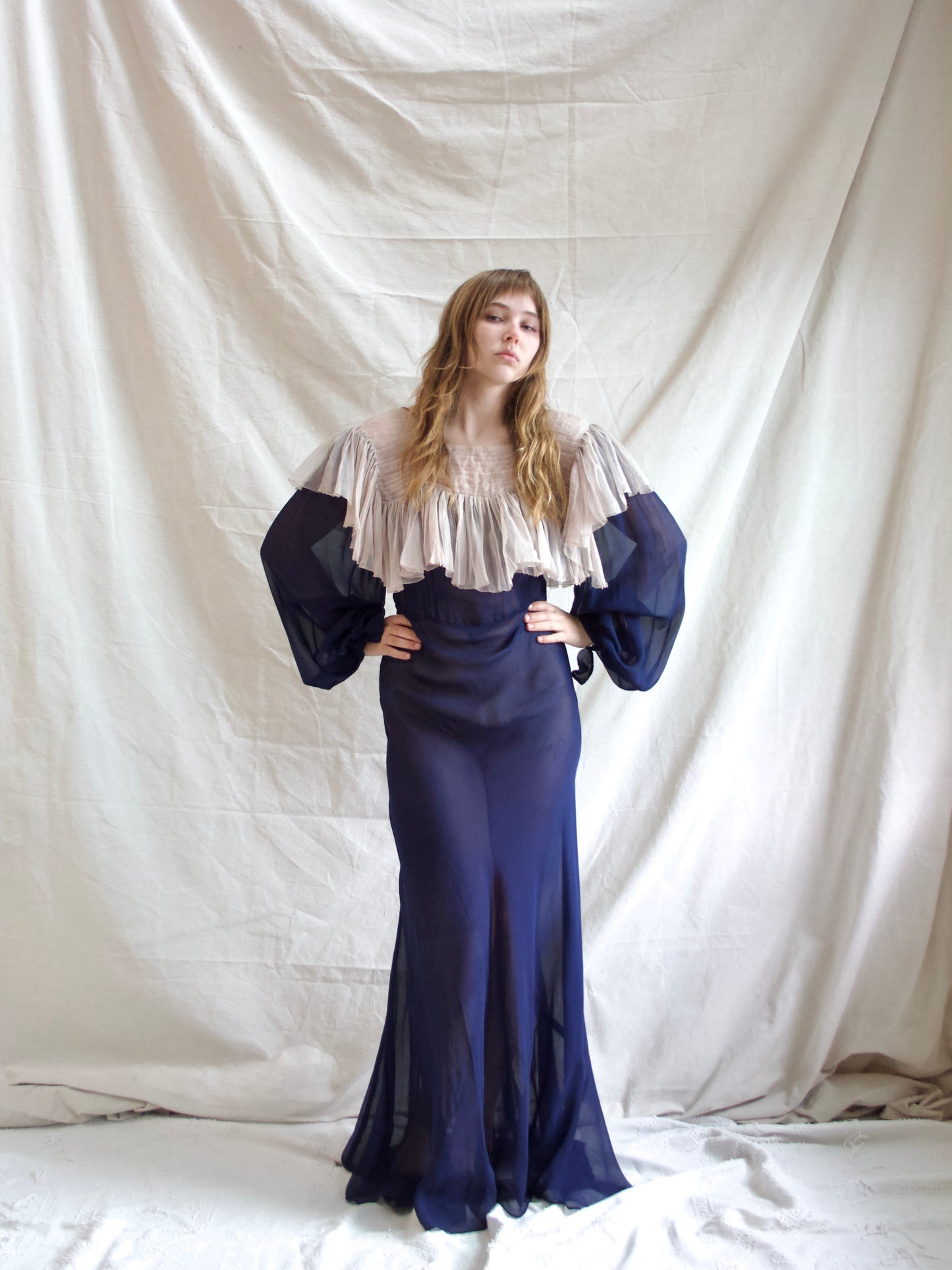 1930s Neckline Flounce Deep Navy Chiffon Bias Cut Bishop Sleeve Gown