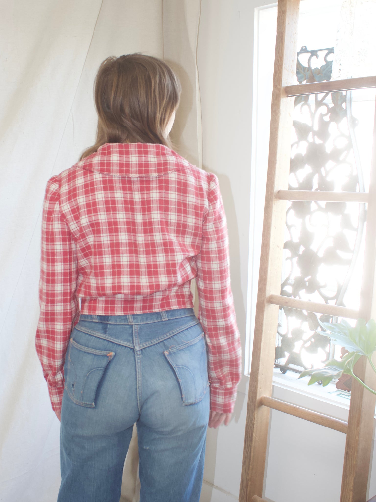 1950s/1960s Does 1940s Plaid Flannel Puff Sleeve Zip Front Jacket