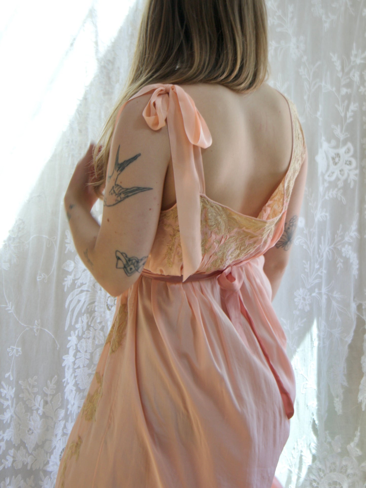 Antique 1920s Inset Ecru Lace Silk Asymmetrical Tie Shoulder Lingerie Gown