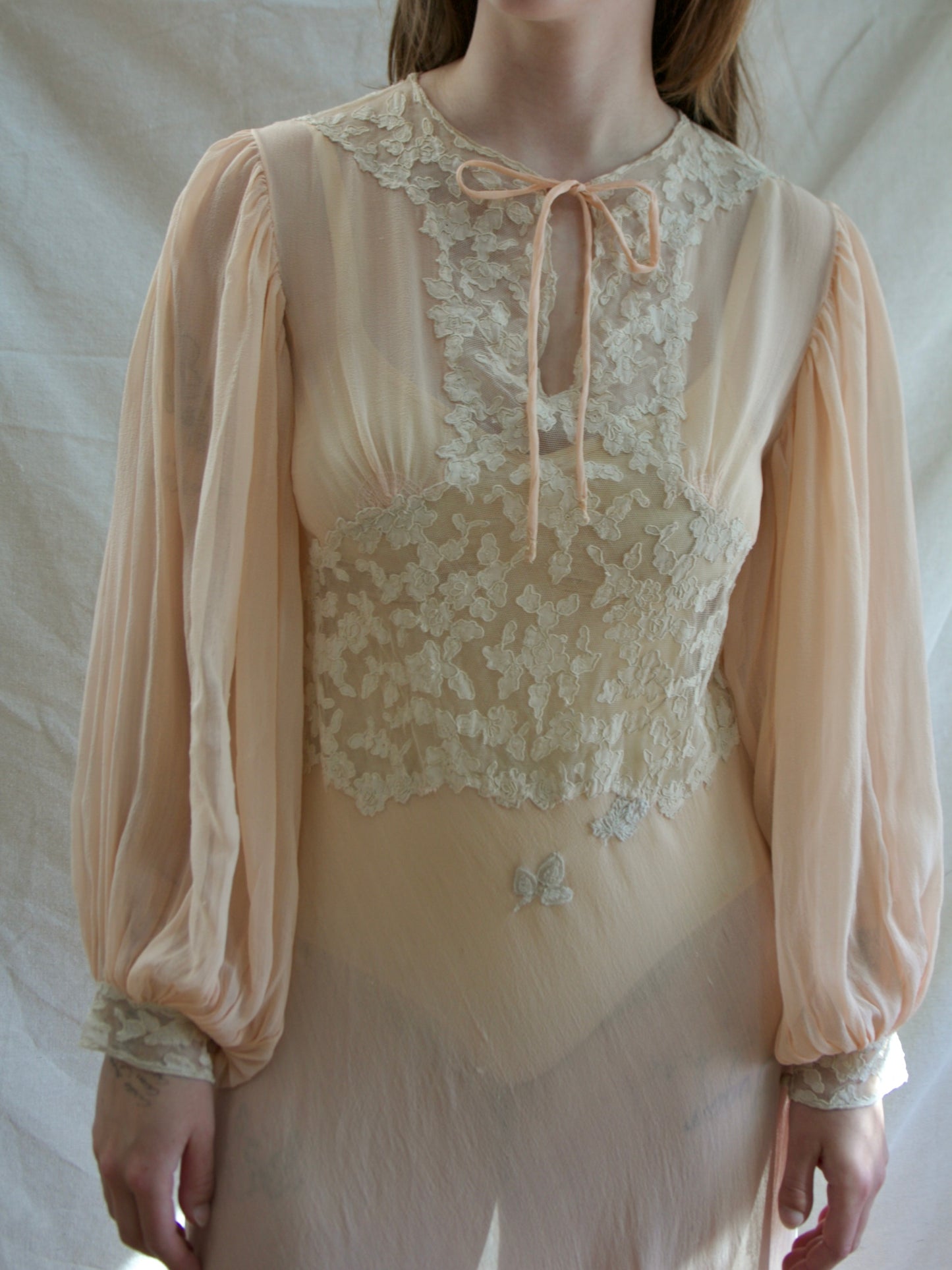 Special 1930s Hand Stitched Bishop Sleeve Chiffon Appliqué Bias Cut Gown