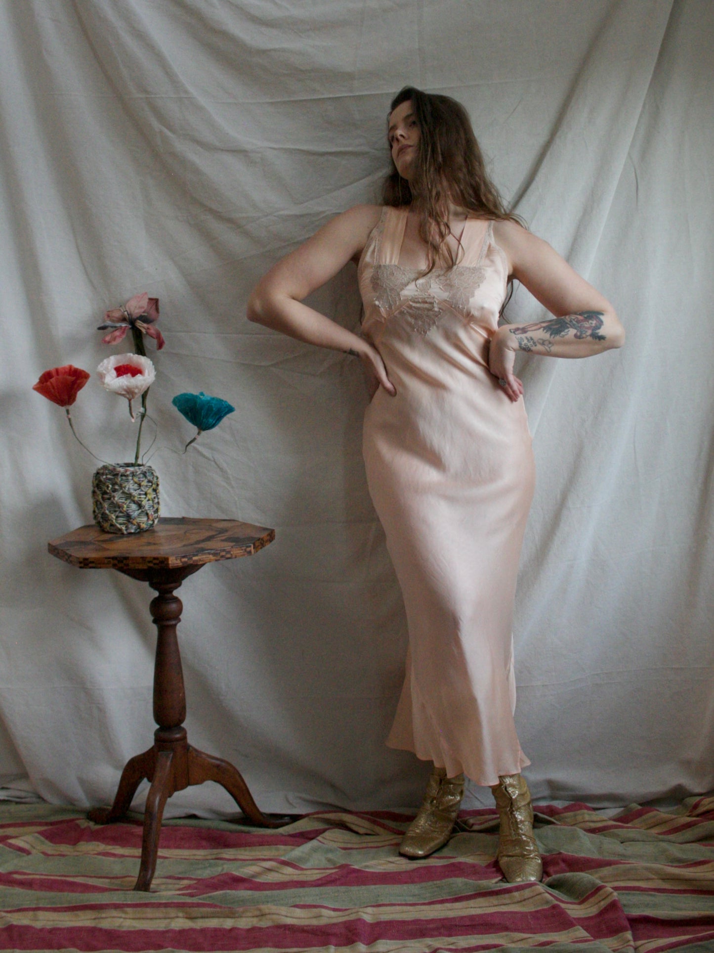 1930s Inset Lace Blush Pink Silk Bias Cut Slip Dress