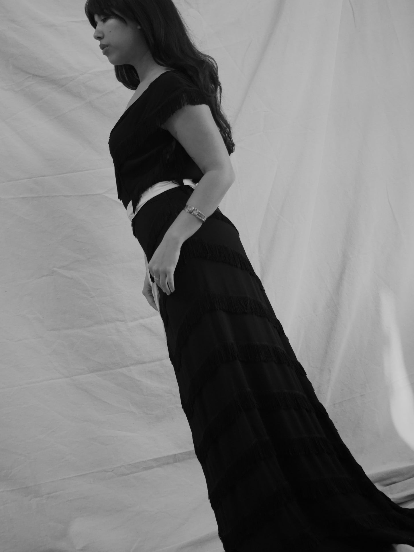 1940s Rayon Crepe Fringe Trained Gown