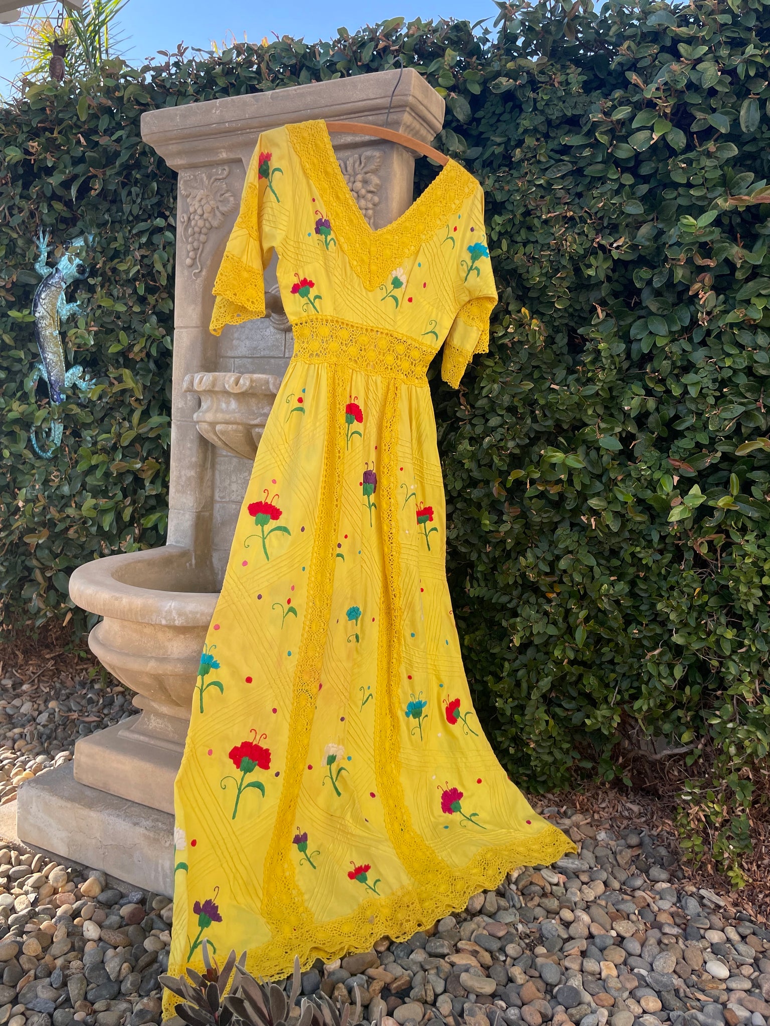 1970s Vibrant Yellow Embroidered Mexican Maxi Length Bell Sleeve Dress