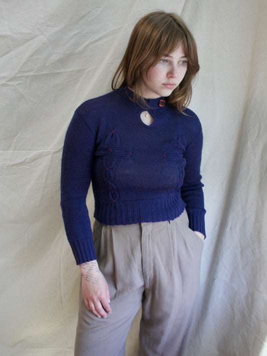 1930s Navy Blue Wool Hand Knit Keyhole Sweater