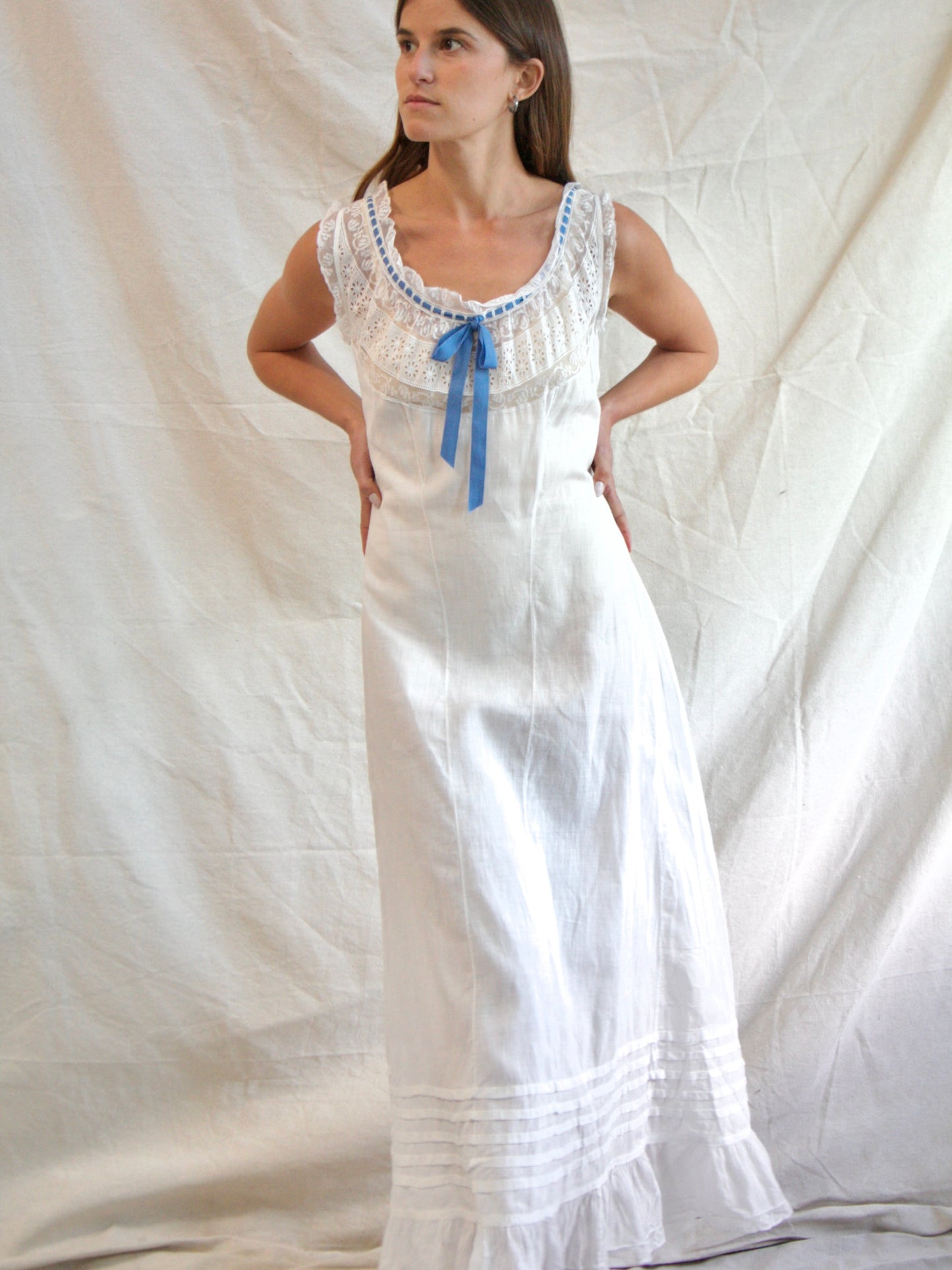 Antique Edwardian Cotton & Lace Ribbon Princess Slip Dress