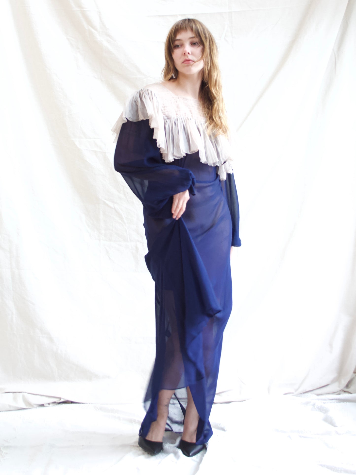 1930s Neckline Flounce Deep Navy Chiffon Bias Cut Bishop Sleeve Gown