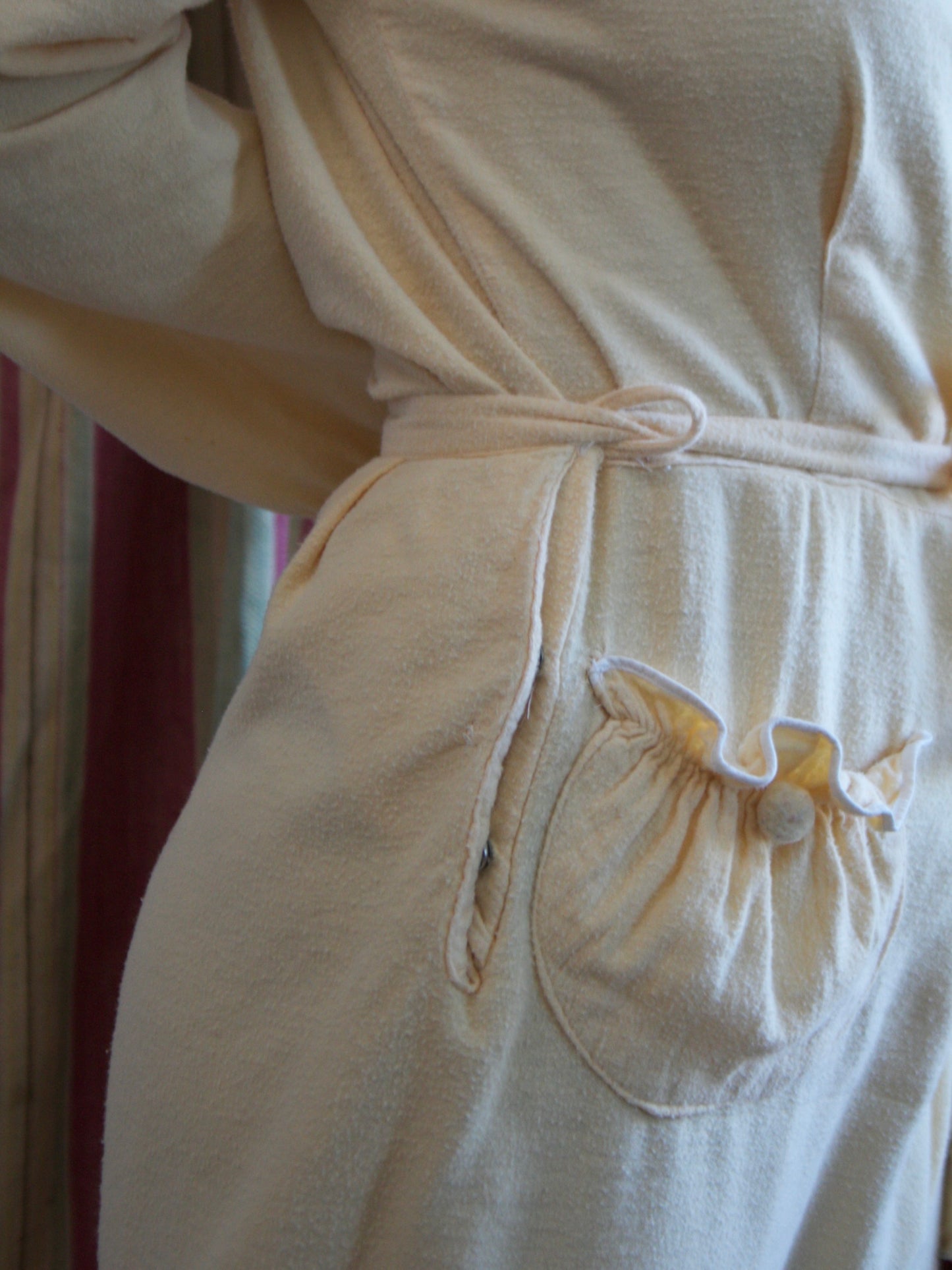 1940s Butter Yellow Soft Flannel Ruffle Trim Lounge Jumpsuit