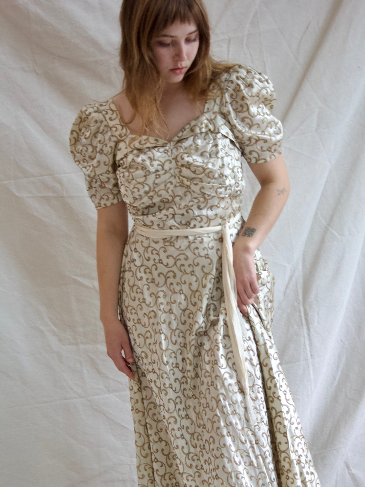 1930s Candlelight Silk Satin Lamé Embroidered Puff Sleeve Sweetheart Gown
