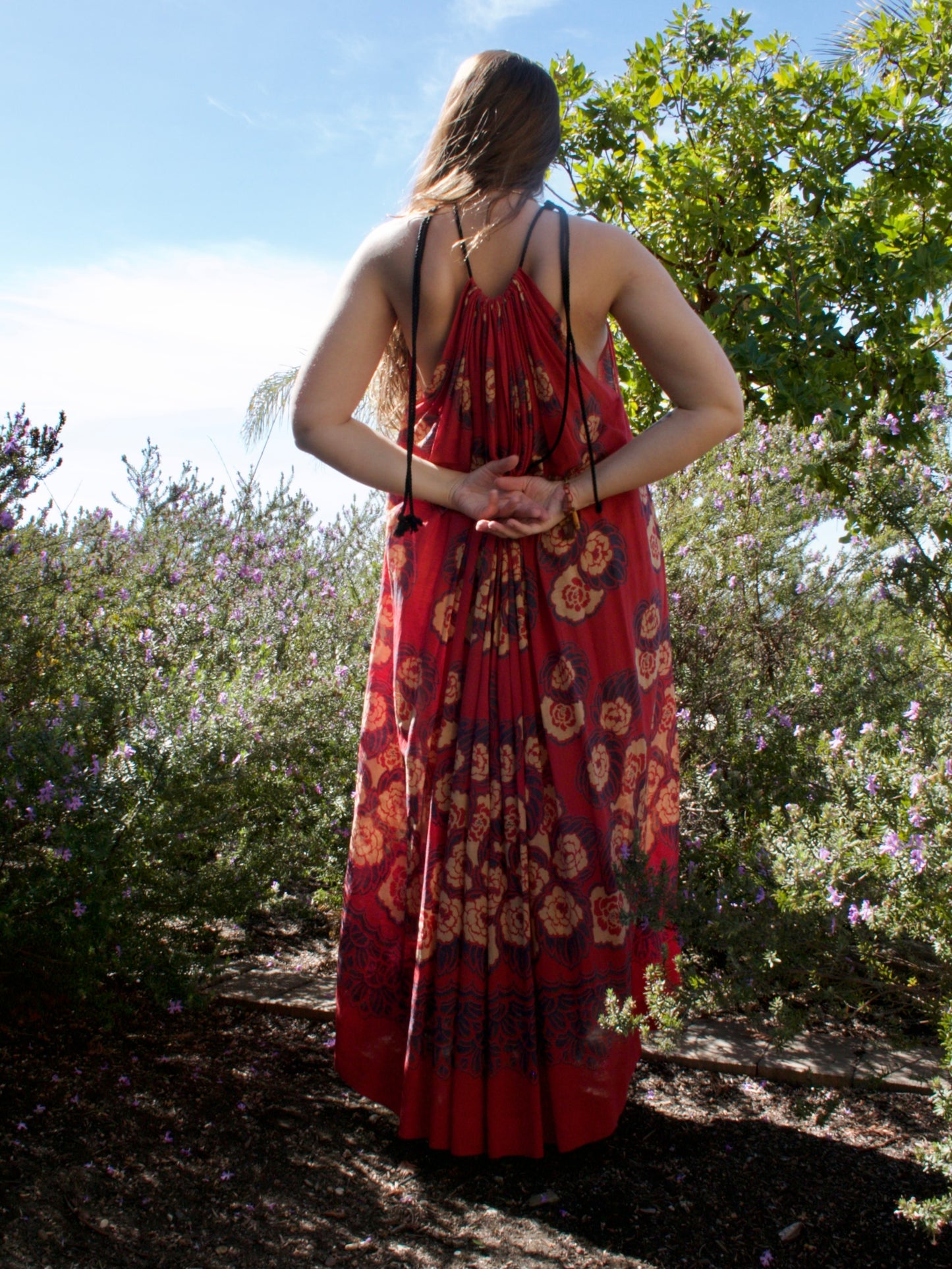 Antique Turkey Red Woven Silk Floral Print Drawstring Dress