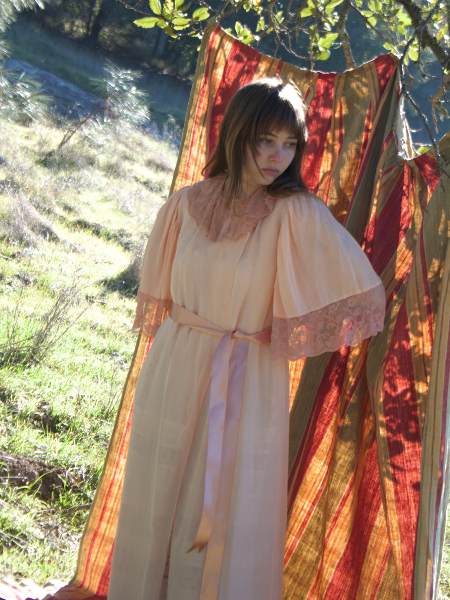 1930s Flutter Sleeve Tambour Lace Trim Wrap Robe