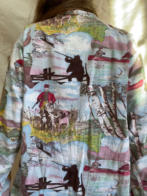 Rare 1950s Hunting Photoprint Cotton Lounge Shirt