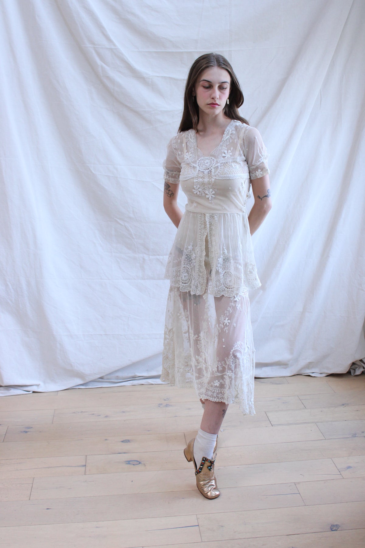 Antique Embroidered Tambour Lace Net Overlay Tea Length Gown