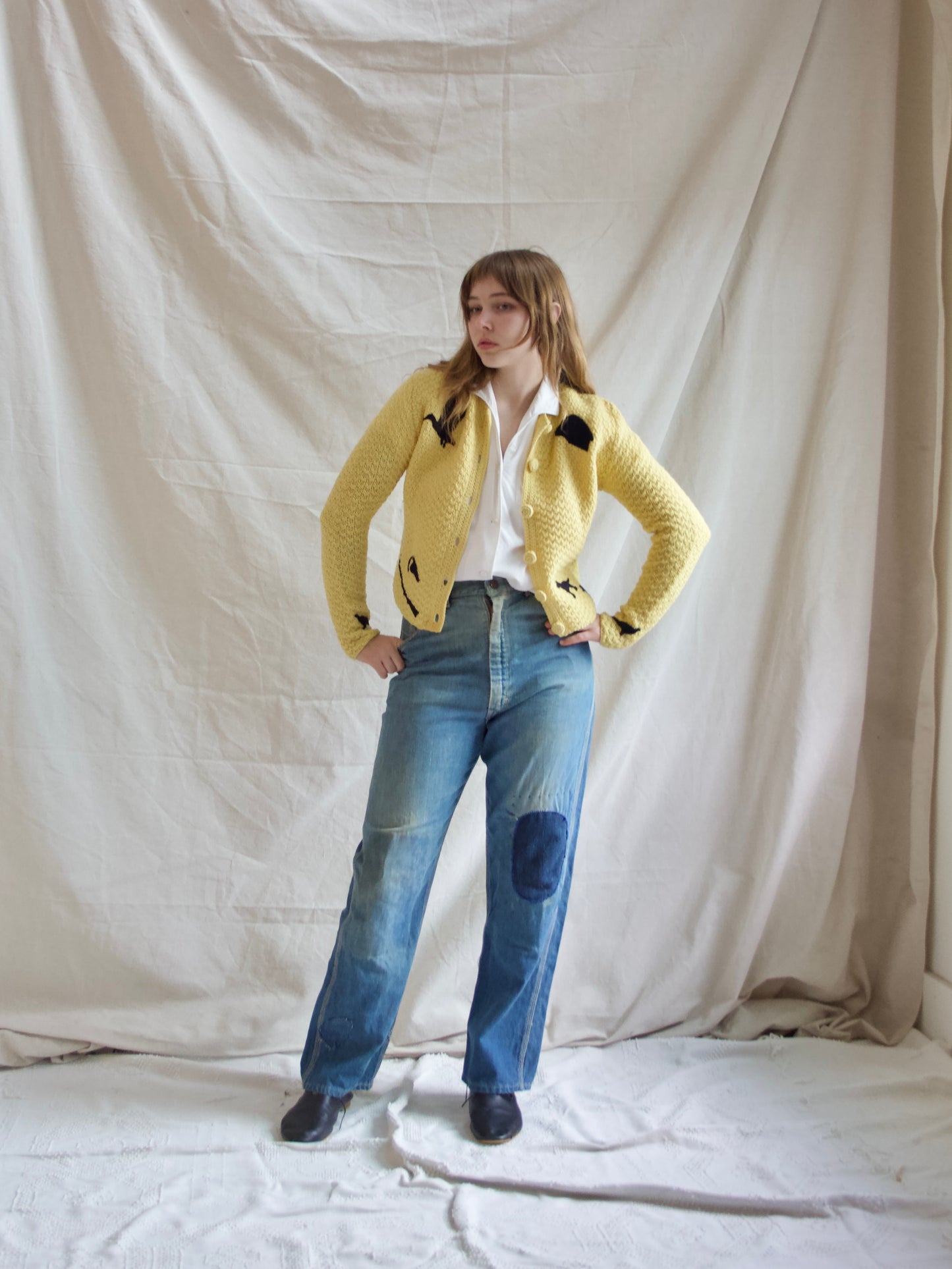 Special 1940s Wool Knit Hunting Theme Felt Appliqué Cardigan