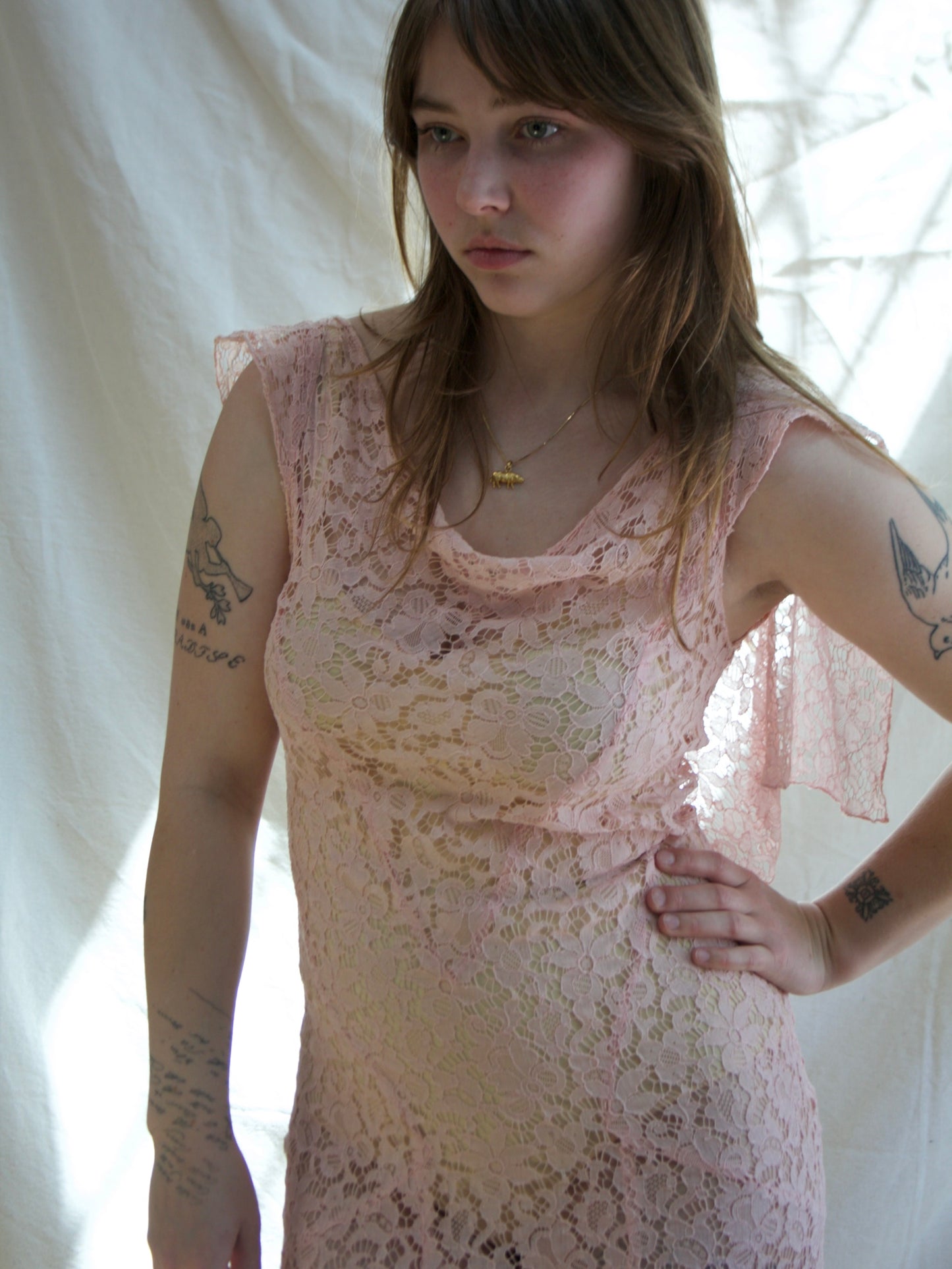 1930s Cowl Neck Bias Pink Lace Low Back Gown