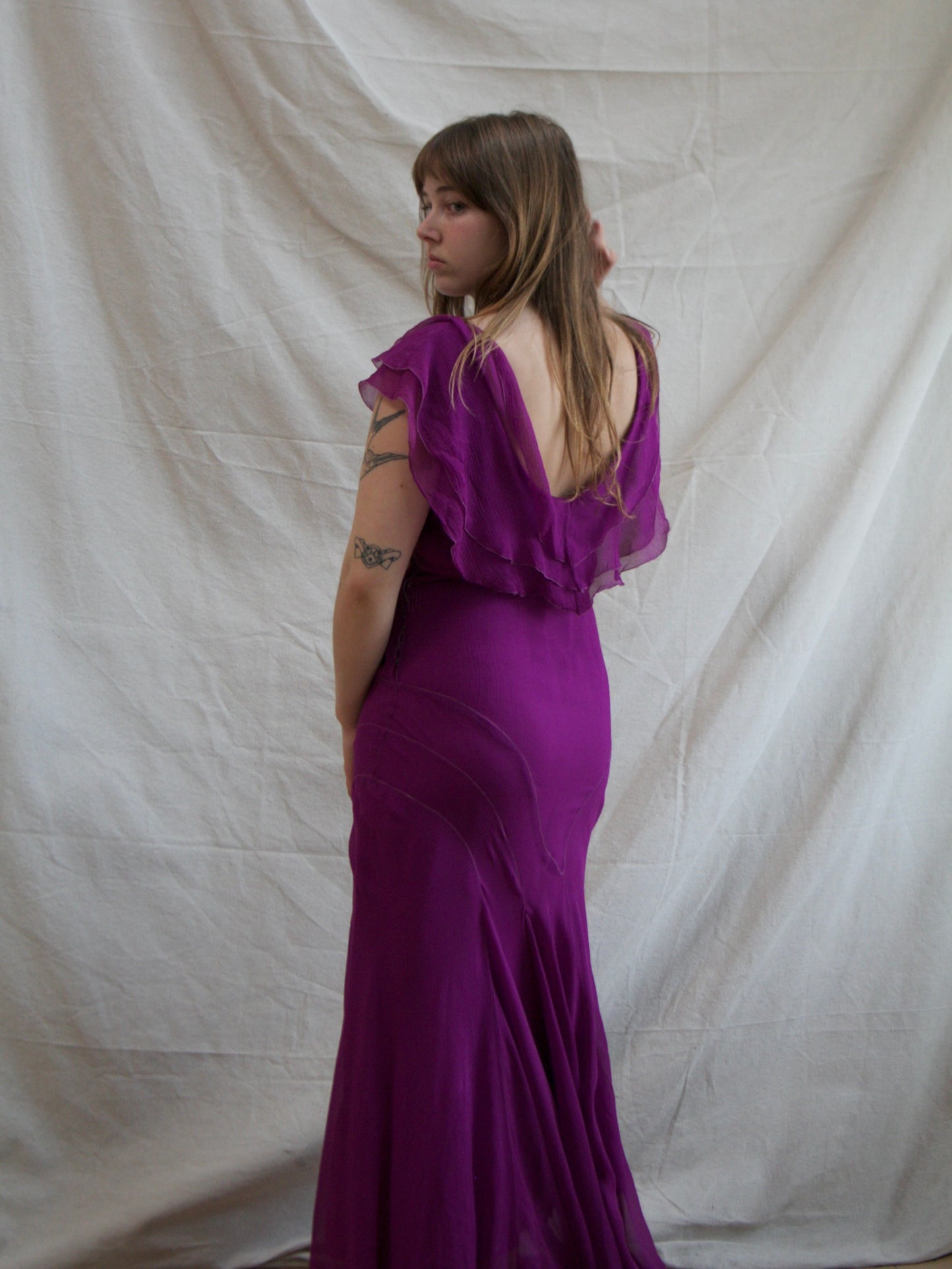 1930s Crinkle Chiffon Silk Fuchsia Plum Bias Cut Gown