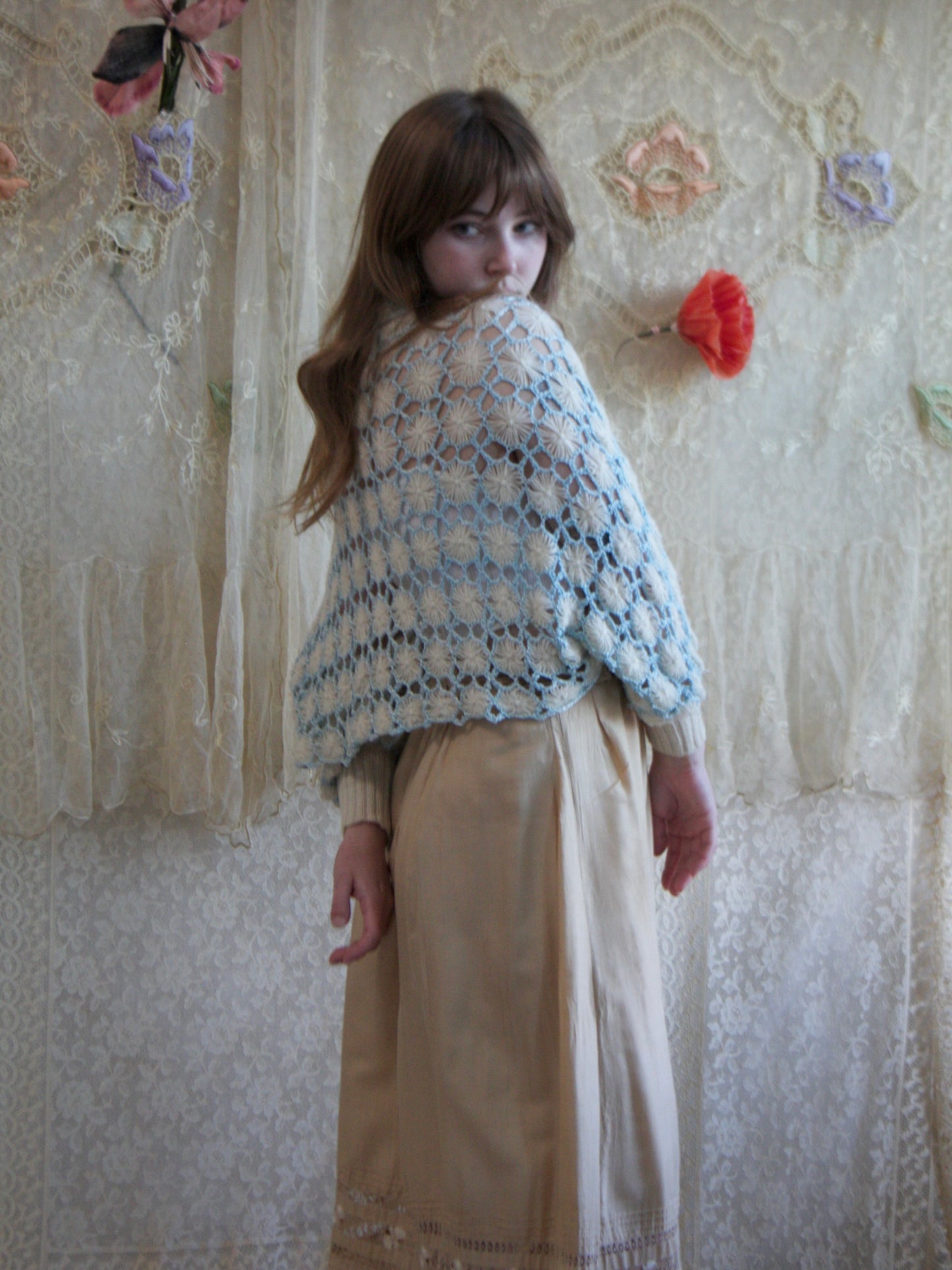 1930 Crochet Wool Knit Silk Ribbon Shrug