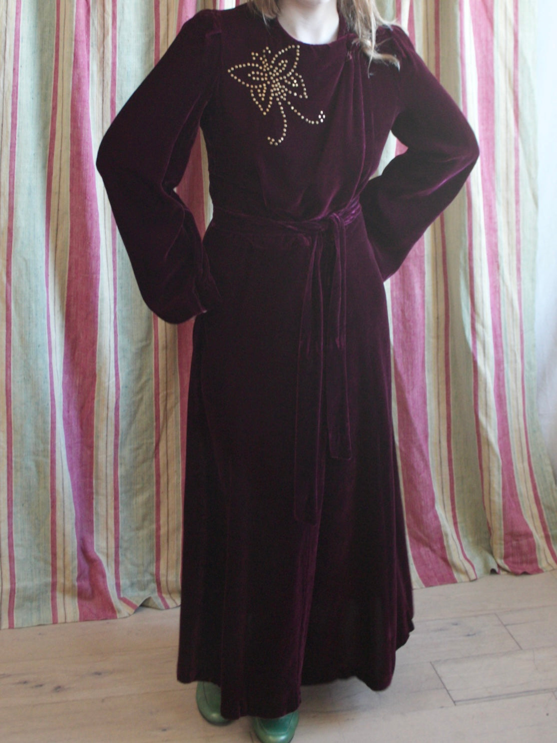 1940s Studded Merlot Velveteen Strong Shoulder Wrap Gown