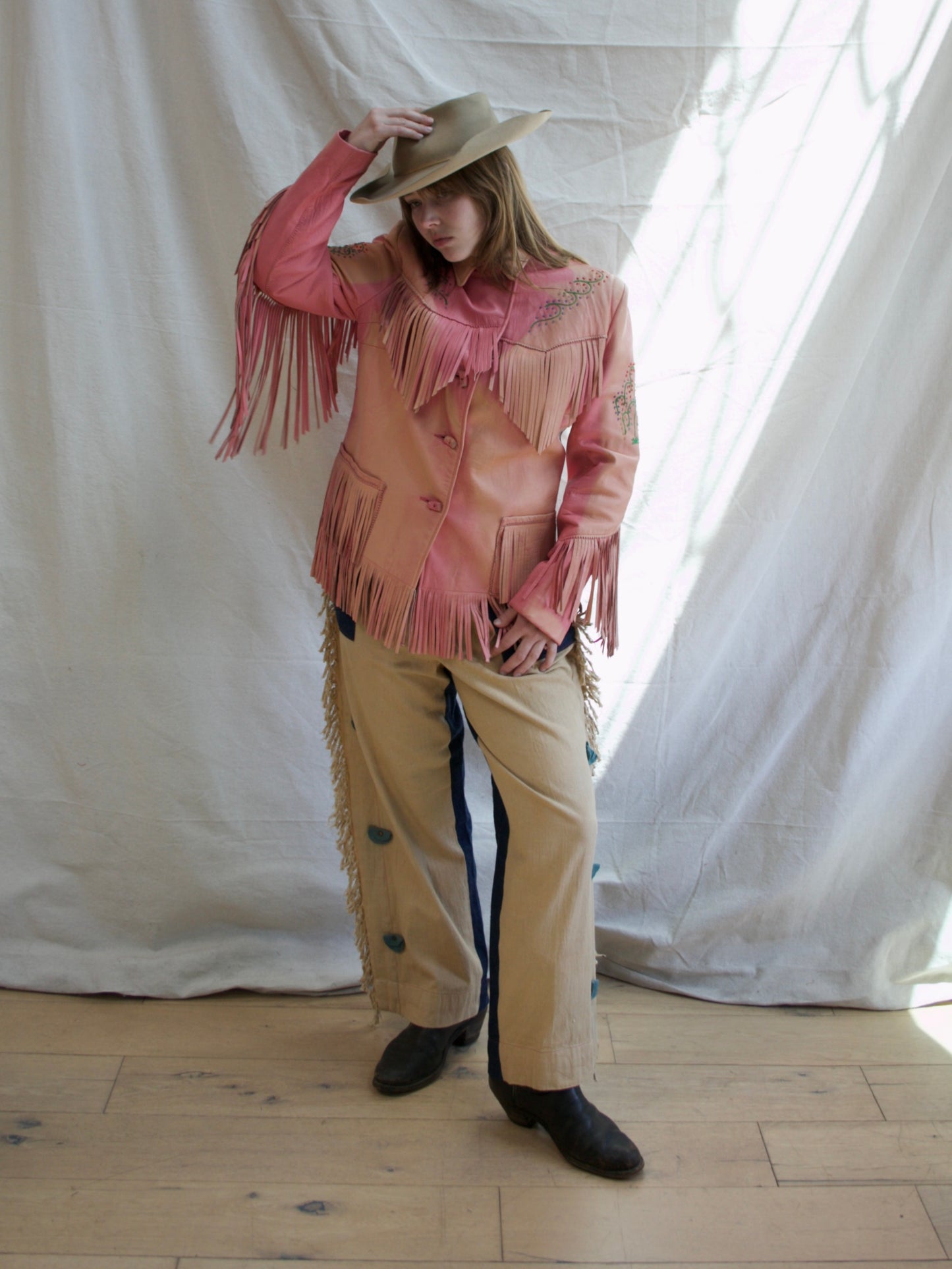 Special 1950s Sun Faded PINK Leather Fringe Western Beaded Jacket