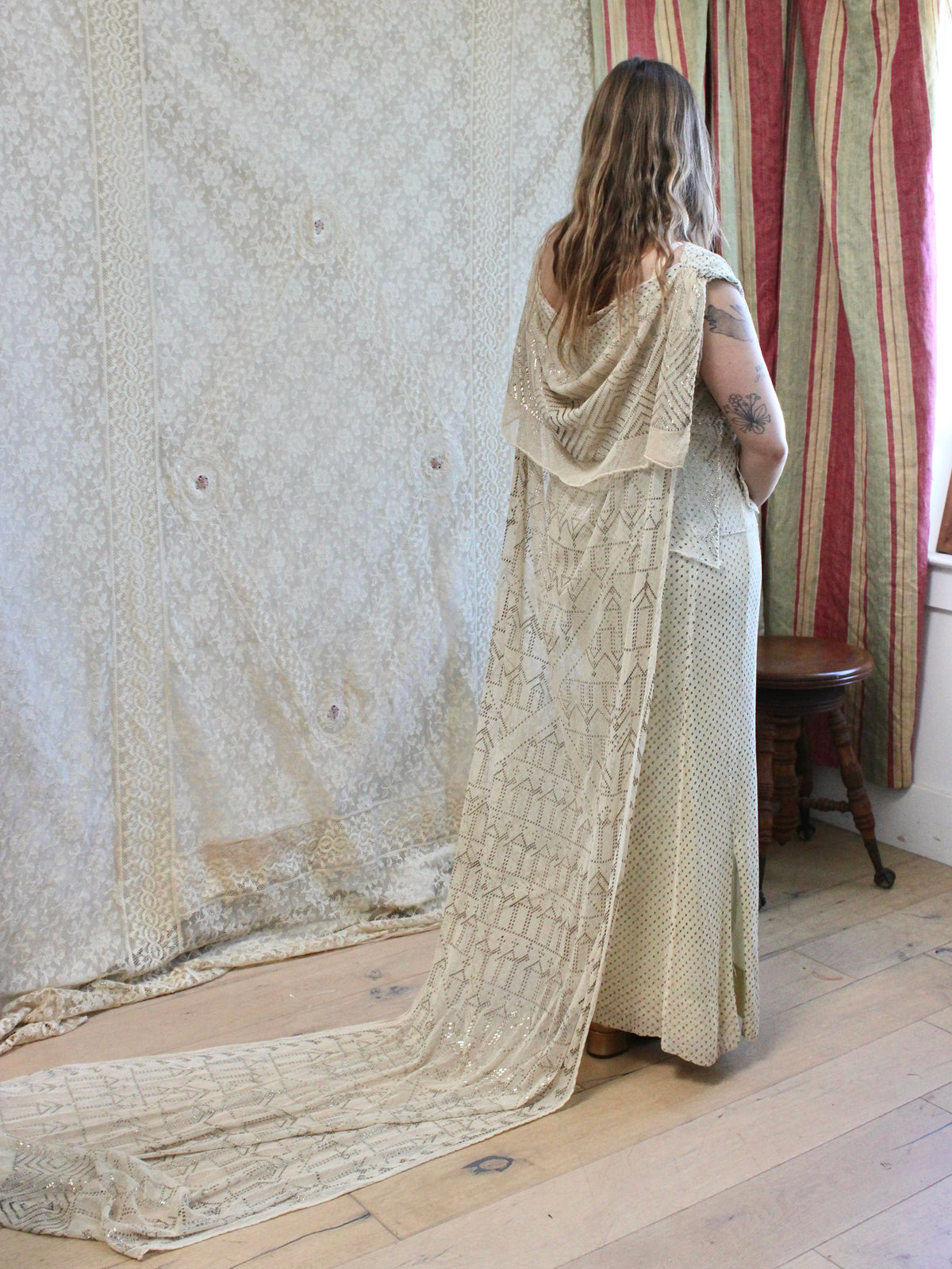 Antique 1920s Assuit Grecian Draped Back Trained Bridal Gown