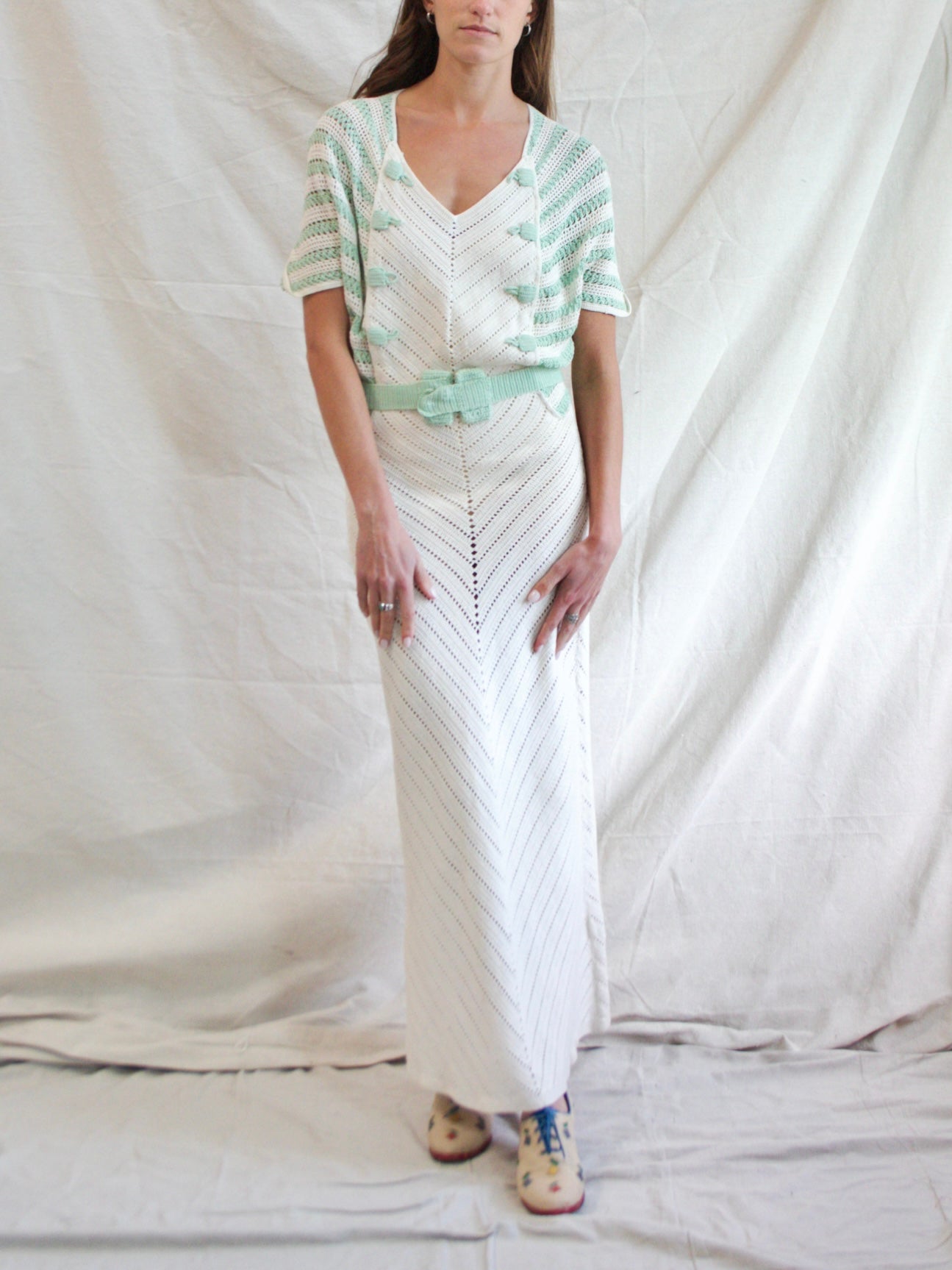 1930s Mint & Cream Striped Knit Belted Dress