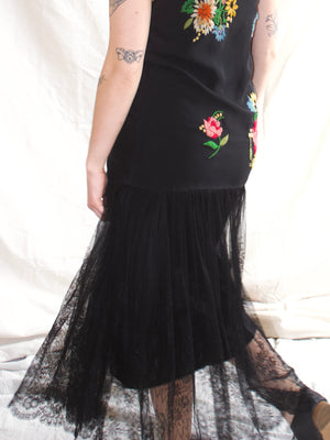 1920s Wool Embroidered Florals Silk & Chantilly Lace Drop Waist Gown