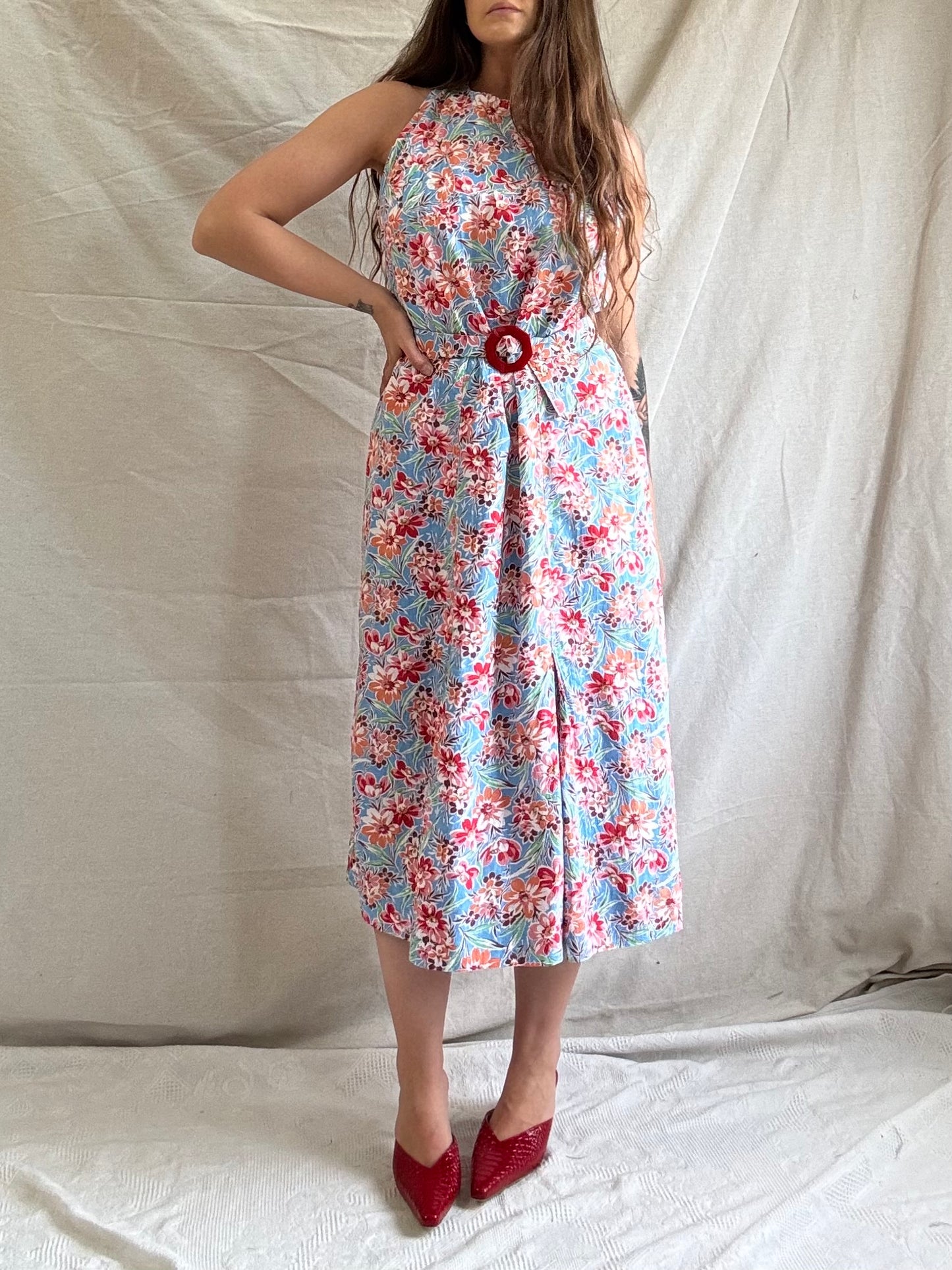 1930s Belted Halter Style Floral Print Summer Dress