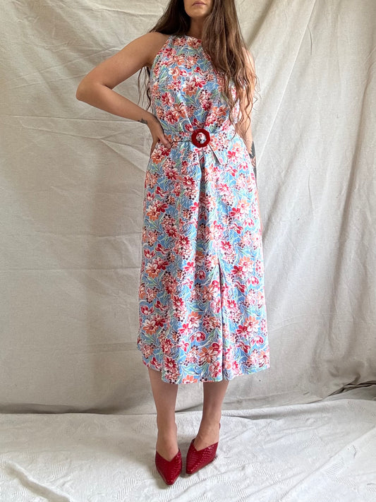 1930s Belted Halter Style Floral Print Summer Dress