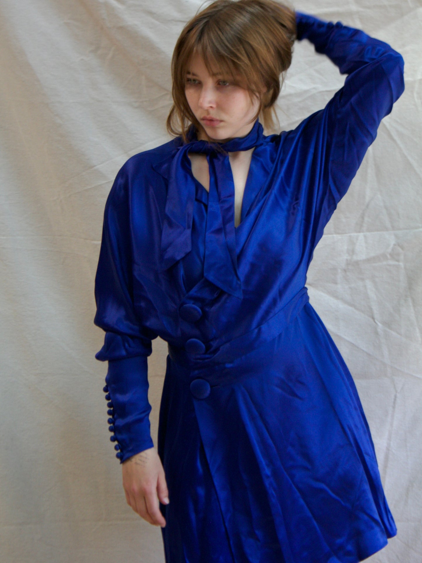 1930s Cobalt Crepe Back Satin Dolman Sleeve Tunic Length Evening Jacket