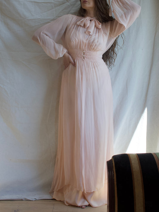 1930s Chiffon Bishop Sleeve Smocked Trained Peignoir
