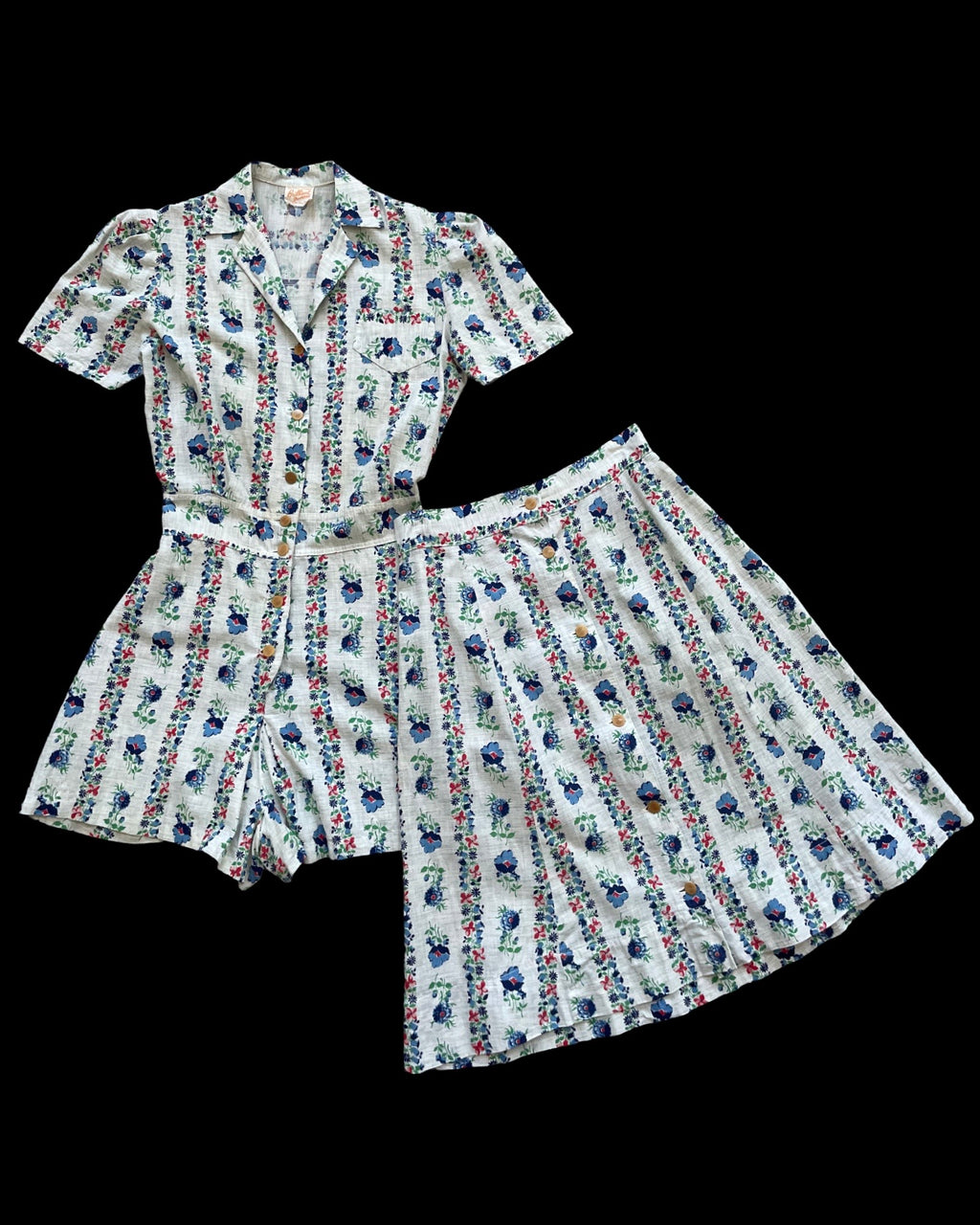 1930s-1940s Two Piece Rowed Floral Cotton Playsuit/ With Skirt