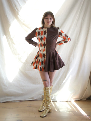 1950s Harlequin Printed Cotton Twill Skater Mini Dress