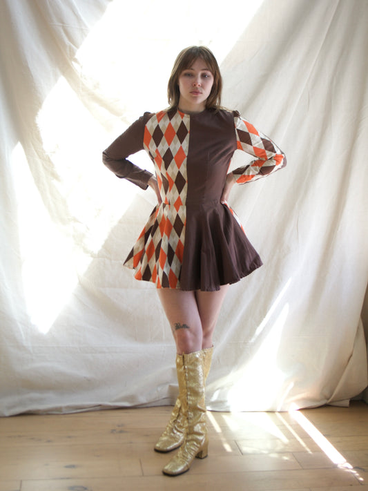 1950s Harlequin Printed Cotton Twill Skater Mini Dress