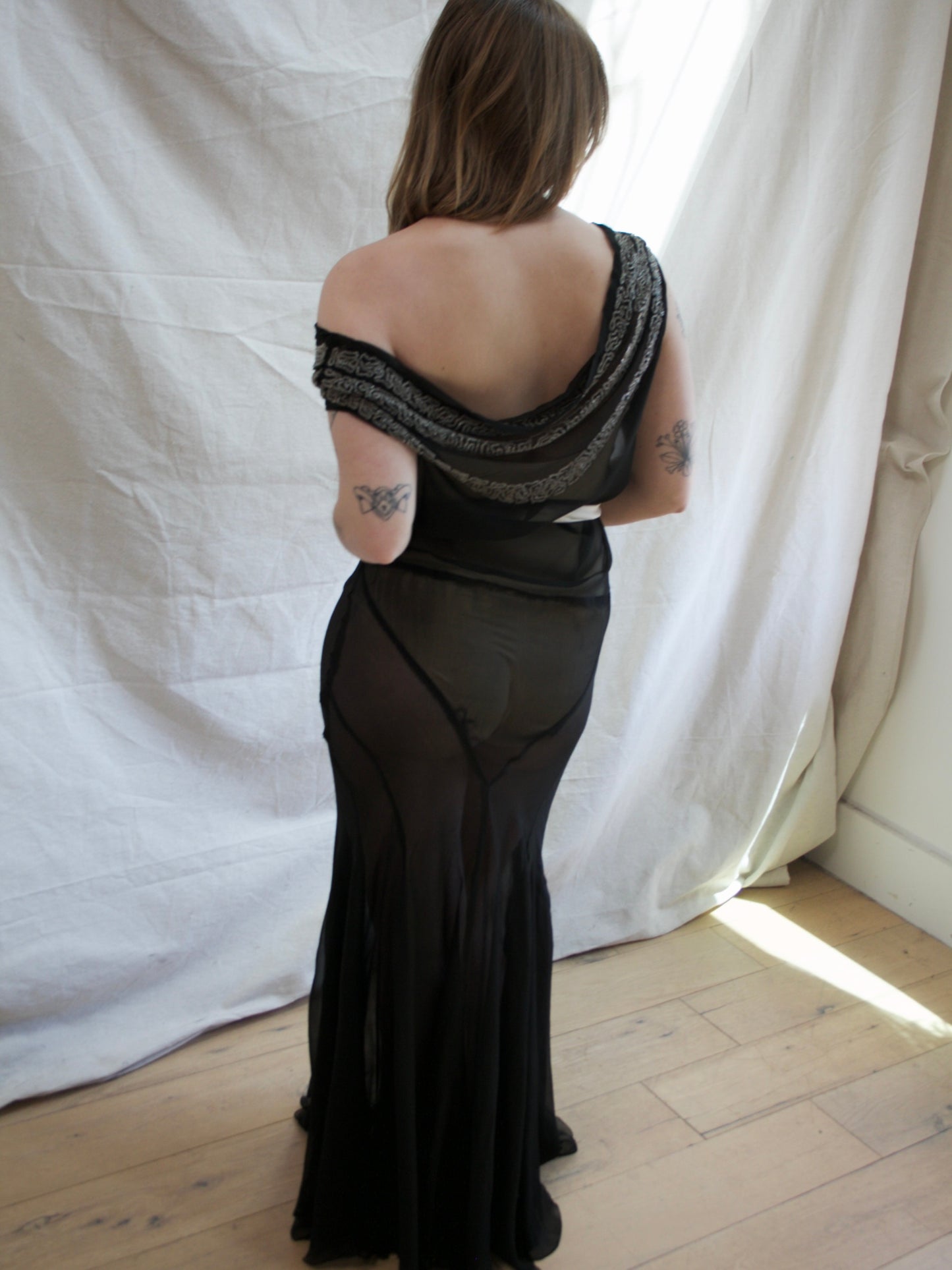 1930s Cowl Neck Vampy Chiffon Deco Seamed Beaded Gown