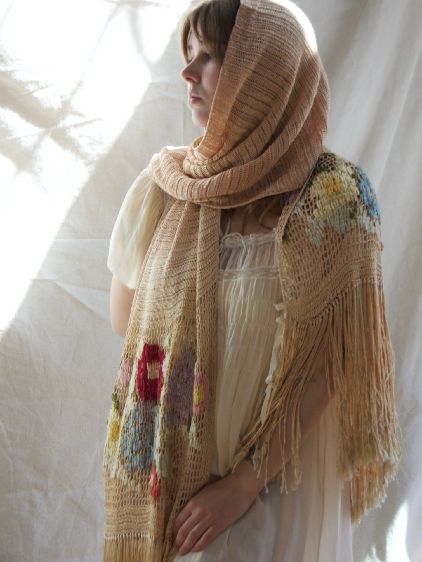 1930s Austrian Silk Crochet Floral Fringe Shawl