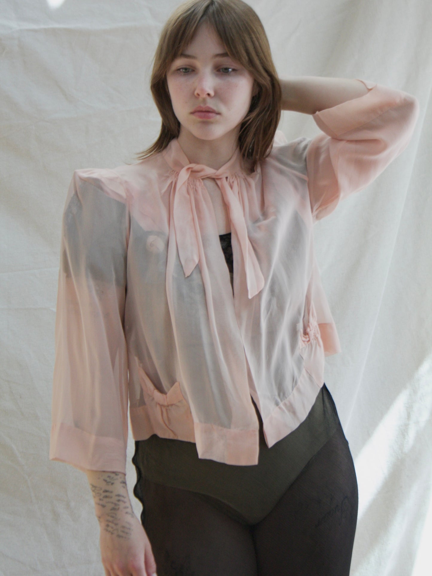 1930s Pale Pink Chiffon Peaked Shoulders Over Jacket