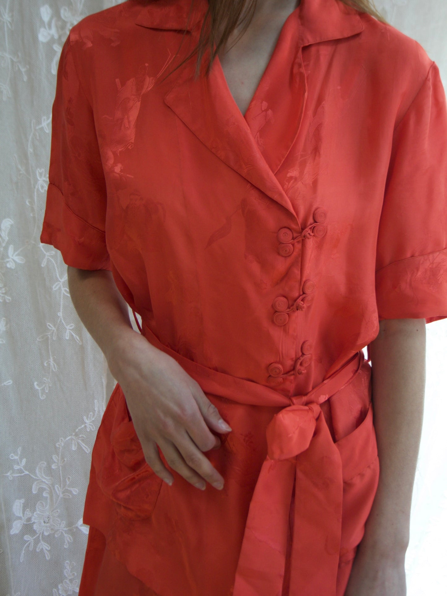 1940s Chinese Silk Jacquard 3 Piece Loungewear Ensemble