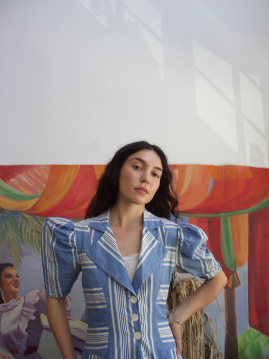 1930s Extreme Puff Sleeve Striped Chambray Floor Length Duster