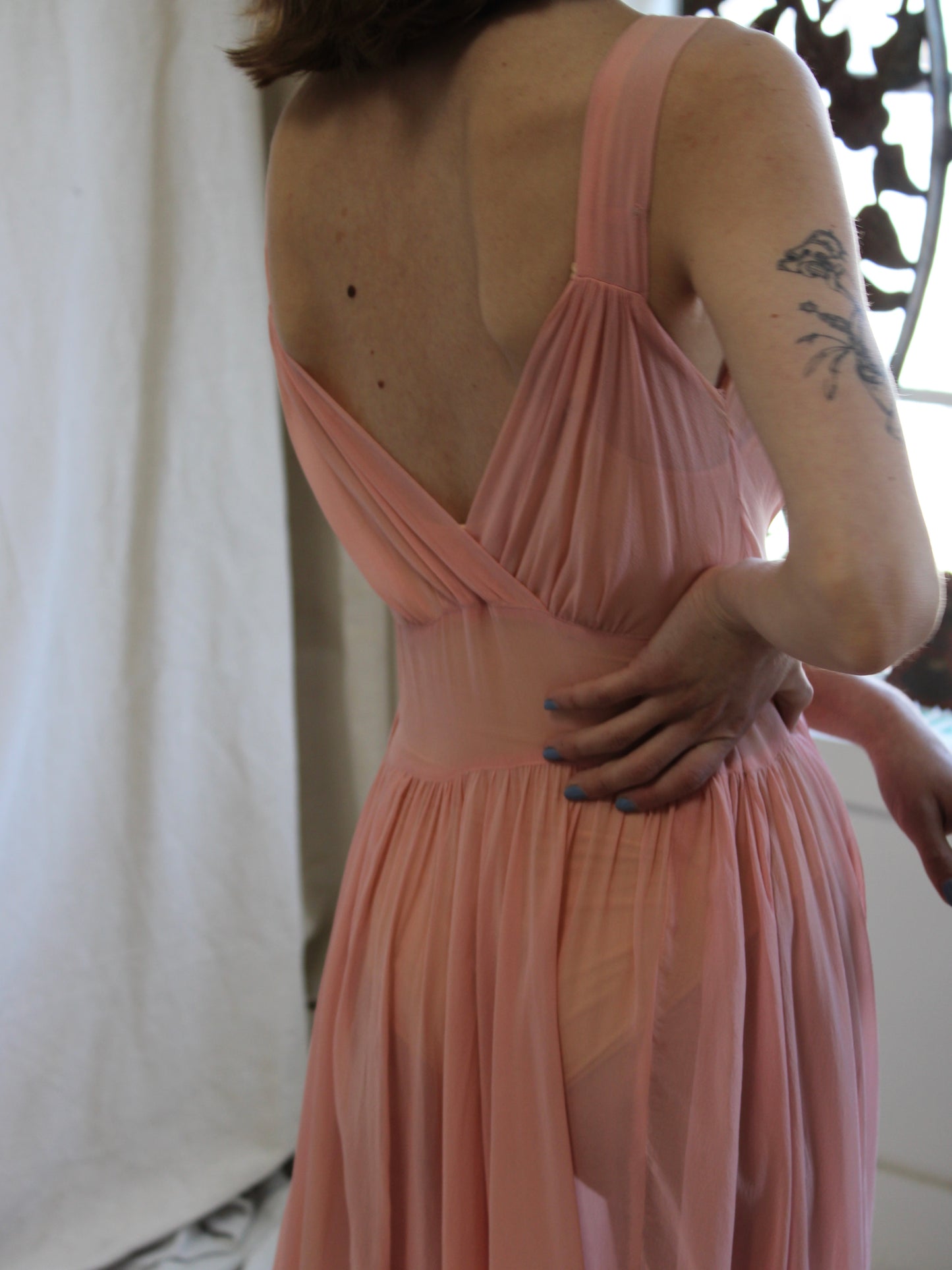1930s Pale Pink Chiffon V Neck Dress
